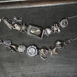 Punk Silver Watch Bracelet,Wrist Watch Bracelet,Silver Chain Bracelet with Flower Button Charm,Futuristic Silver Watch,Adjustable Size Watch