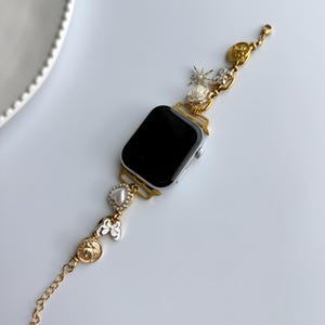 Vintage charm apple watch strap,gemstone smartwatch band,pearl watch bracelet,colorful charm smartwatch band,gold chain zircon Iwatch strap 4