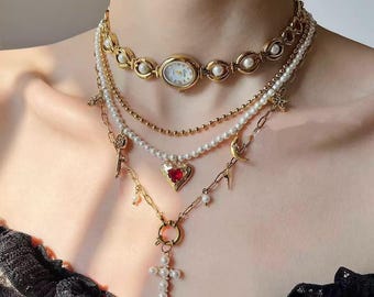 Elegant pearl watch choker necklace, gold watch necklace, red heart charm pearl necklace, cross pearl sweater chain, clock jewelry gift