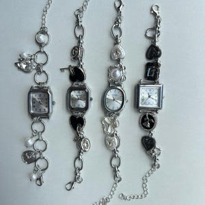 Elegant silver wrist watch, Pearl watch bracelet, Silver wrist watch for women, Y2K charm watch jewelry, Wedding anniversary watch accessory