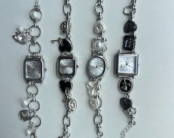 Elegant zilveren polshorloge, parel horlogearmband, zilveren polshorloge voor vrouwen, Y2K-bedelhorloge-sieraden, trouwdaghorloge-accessoire