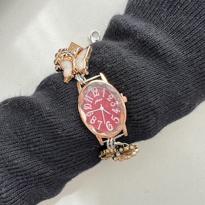 Vintage Green&Red Watch Bracelet,Woman Gold Cross Charm Wrist Watch,Y2K Button Watch Bracelet,Red Charm Watch Jewelry,Gold Wrist Watch Gift
