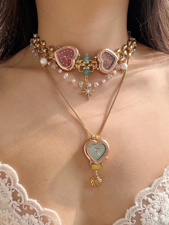 GORGEOUS Baylor Heart-Shaped Vintage Watch Pendant - Gold Tone with Pink Accents Vintage Heart Shape Watch - Etsy main image 3