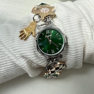 Vintage Watch Bracelet,Charm Wrist Watch for Women,Colorful Button Charm Bracelet,Purple Watch Bracelet,Red Charm Watch,Luxurious Gold Watch