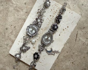 Handmade Vintage Charm Watch Bracelet,Elegant Silver Wrist Watch for Woman,Y2K Flower Charm Bracelet,Pearl Watch Bracelet,Trendy Watch Gift