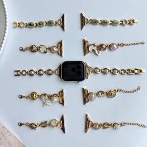 Vintage charm apple watch strap,gemstone smartwatch band,pearl watch bracelet,colorful charm smartwatch band,gold chain zircon Iwatch strap image 10
