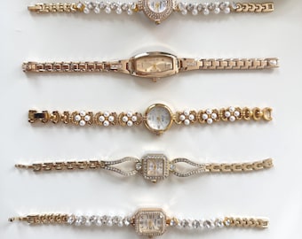 Vintage pearl wrist watch for woman,elegant gold watch jewelry,unique dial vintage watch gift,wedding jewelry gift,dignity watch for her
