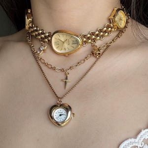 Vintage guldfärgat hjärtformat klocka chokerhalsband, punk trippelklocka halsband, guldkedja klocka choker, stjärnberlock lager halsband, eleganta klocka smycken