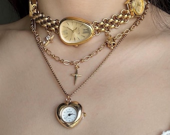 Vintage gouden hart horloge choker ketting, punk triple horloge ketting, gouden ketting horloge choker, ster bedellaag ketting, elegante horloge sieraden