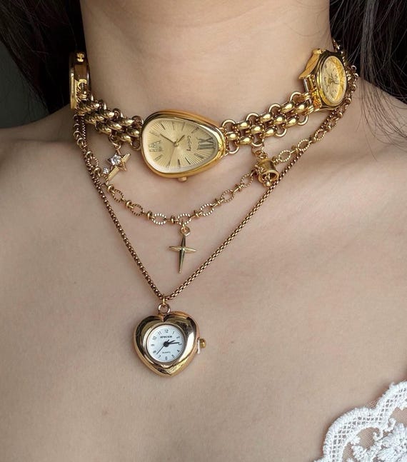 Elegant Gold Pendant Necklace with Watch Elegant Vintage Heart Watch Pendant Necklace,gold Watch  main image 4