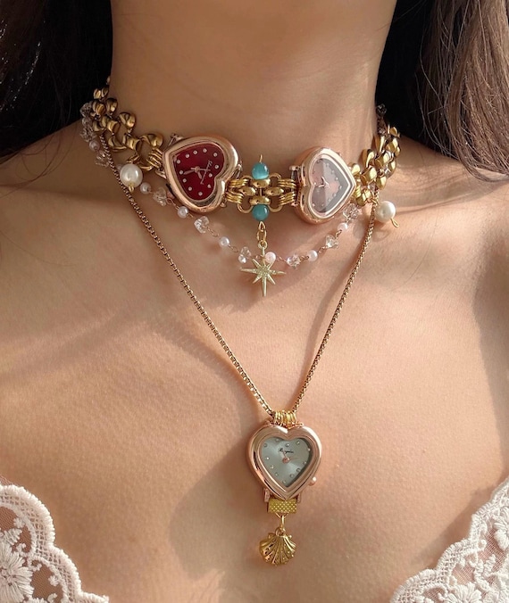 Vintage Colorful Watch Choker,red Heart Watch Necklace 