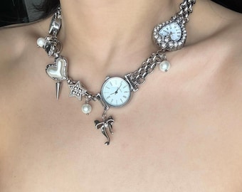 Silver Pearl Watch Choker Necklace,Grunge Punk Silver Chain Choker,Y2K Clock Necklace,Cute Charm Watch Necklace, Unique Watch Necklace Gift