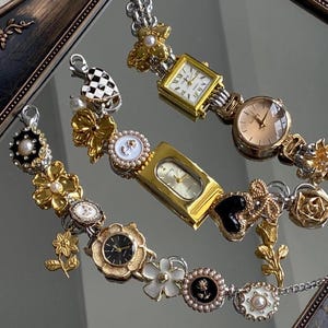 Vintage Gold Watch Bracelet,Woman Wrist Watch,Silver Chain Bracelet with Gold Button Charm,Luxurious Gold Watch,Adjustable Size,Gift for Her