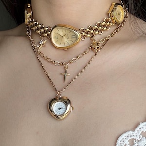 Vintage Gold Heart Watch Choker Necklace,Punk Triple Watch Necklace,Gold Chain Watch Choker,Star Charm Layer Necklace,Elegant Watch Jewelry