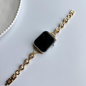 Vintage charm apple watch strap,gemstone smartwatch band,pearl watch bracelet,colorful charm smartwatch band,gold chain zircon Iwatch strap 3