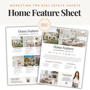 May include: Two Home Feature Sheets for real estate agents. The sheets have the text "Home Feature Sheet" and "Home Features" with details about a property, including exterior, kitchen, and living room. The sheets also include the name "Emma Harper".