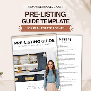 May include: A pre-listing guide template for real estate agents featuring the text REMARKETINGCLUB.COM, PRE-LISTING GUIDE, FOR REAL ESTATE AGENTS, 9 STEPS TO SOLD, and a photograph of a kitchen interior with a person and contact information.