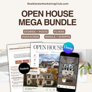 May include: A promotional image for real estate marketing. The image features the text "OPEN HOUSE MEGA BUNDLE" with options for stories, posts, flyers, postcards, emails, and scripts. There are also examples of marketing materials and a smartphone.