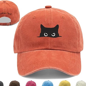 Premium Black Cat Embroidered Dad Hat with Custom Text Option, Vintage Washed Cotton Baseball Cap, Adjustable Cute Cat Lover Gift Hat