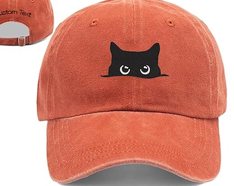 Premium Black Cat Embroidered Dad Hat with Custom Text Option, Vintage Washed Cotton Baseball Cap, Adjustable Cute Cat Lover Gift Hat