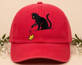 No Kings Cat Hat Funny Cat Meme Dad Hat Anti Authoritarian Cat Cap Washed Red Baseball Hat Cat Lover Gift Minimalist Embroidered Hat
