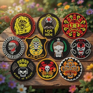 May include: A collection of embroidered patches with various designs, including a lion, skulls, and tribal art. The patches feature vibrant colors like red, yellow, and black, and some include text such as "Live to Ride" and "King of Road".