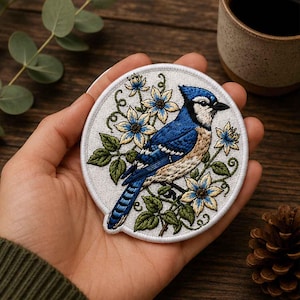 May include: A circular embroidered patch featuring a blue jay perched on a branch with light blue and white flowers. The bird has vibrant blue, black, and white plumage, while the flowers have green leaves and stems on a white background.