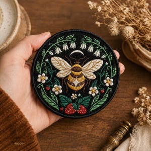 May include: A circular embroidered patch featuring a central bee with a star motif on its abdomen, surrounded by a wreath of white lily of the valley flowers, small white blossoms, green leaves, and red strawberries on a black background.