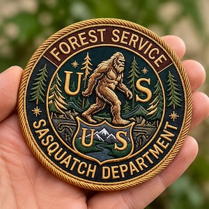 May include: A circular embroidered patch with a gold rope border. The center features a brown Sasquatch, green pine trees, and mountains. Text reads FOREST SERVICE, U S, and SASQUATCH DEPARTMENT, with a shield displaying U S and mountains.