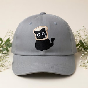 Funny Black Cat Bread Embroidered Baseball Cap Cute Cat In Bread Hat Meme Cat Dad Hat Grey Adjustable Unisex Gift Aesthetic Cap