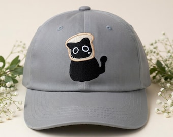 Funny Black Cat Bread Embroidered Baseball Cap Cute Cat In Bread Hat Meme Cat Dad Hat Grey Adjustable Unisex Gift Aesthetic Cap