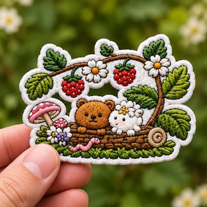 May include: An embroidered patch featuring a brown bear and a white sheep sitting on a brown log. The scene includes red raspberries, white daisies, a pink mushroom, and a small pink worm, all surrounded by green leaves and a white border.