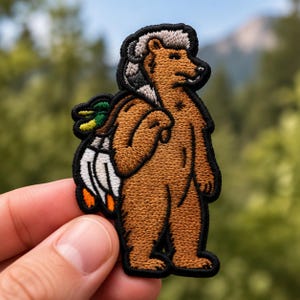 Foraging Bear Embroidered Iron On Patch, Woodland Animal Applique, Cottagecore Jacket Badge, Backpack Patch, Forest Lover Gift Idea