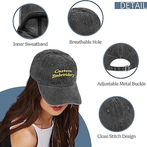 May include: A gray baseball cap with "Custom Embroidery" in yellow script. Features include a breathable hole, adjustable metal buckle, and close stitch design. The inner sweatband is visible. The cap is worn by a person.