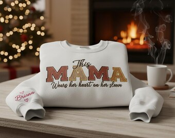 Personalized Embroidered This Mama Wears Her Heart on Her Sleeve Sweatshirt Custom Names Gift for Mom Cozy Mother’s Day Sweatshirt Gift Idea