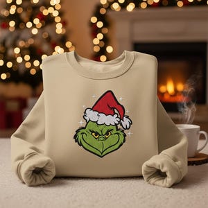 Embroidered Grinch Christmas Shirt Classic Grinch Face T-Shirt Funny Holiday Tee Grinch Embroidery Shirt Christmas Graphic Shirt Gift Idea
