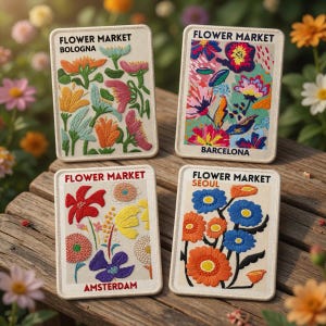 May include: Four embroidered patches with floral designs and the text "Flower Market" above city names: Bologna, Barcelona, Amsterdam, and Seoul. The patches feature colorful flowers in various styles, set against a cream background.