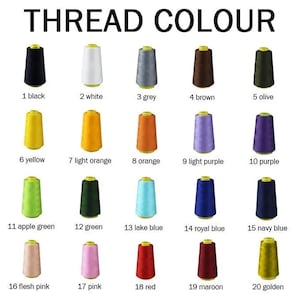 May include: A color chart of thread spools, each labeled with a number and color name. Colors include black, white, grey, brown, olive, yellow, light orange, orange, light purple, purple, apple green, green, lake blue, royal blue, navy blue, flesh pink, pink, red, maroon, and golden.
