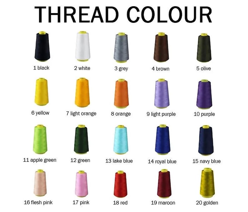 May include: A color chart of thread spools, each labeled with a number and color name. Colors include black, white, grey, brown, olive, yellow, light orange, orange, light purple, purple, apple green, green, lake blue, royal blue, navy blue, flesh pink, pink, red, maroon, and golden.