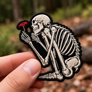 Skeleton Flower Embroidered Iron On Patch, Gothic Bone Applique, Dark Cottagecore Jacket Badge, Backpack Patch, Macabre Art Gift Idea