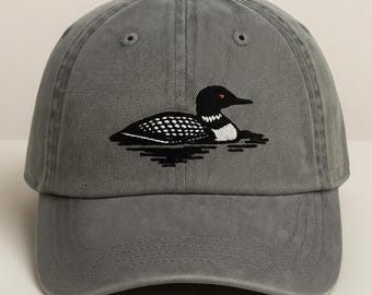 Embroidered loon bird dad hat with waterfowl nature design, adjustable cotton baseball cap for outdoor lovers and wildlife enthusiasts