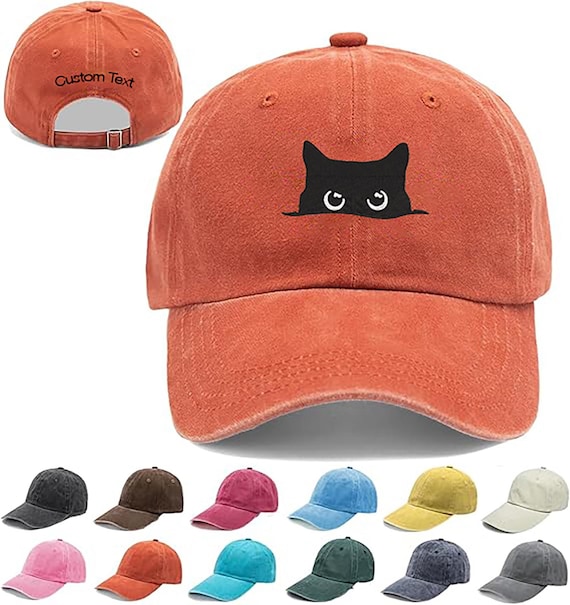 Premium Black Cat Embroidered Dad Hat with Custom Text Option, Vintage Washed Cotton Baseball Cap, Adjustable Cute Cat Lover Gift Hat