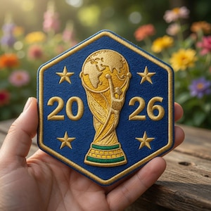Peut inclure: Écusson brodé bleu et or représentant le trophée de la Coupe du Monde de la FIFA et l'année 2026. L'écusson est de forme hexagonale avec des étoiles et une bordure dorées.