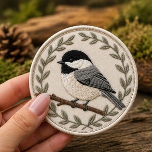 Chickadee Bird Embroidered Iron On Patch, Woodland Nature Applique, Cottagecore Jacket Badge, Birdwatcher Backpack Patch, Bird Lover Gift