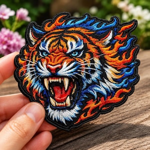 Könnte beinhalten: Ein gestickter Aufnäher mit dem Kopf eines fauchenden Tigers mit entblößten Fangzähnen. Der Tiger ist von stilisierten Flammen in leuchtenden Orange-, Rot- und Blautönen umgeben, wobei ein schwarzer Rand die gesamte Form des Motivs umreißt.