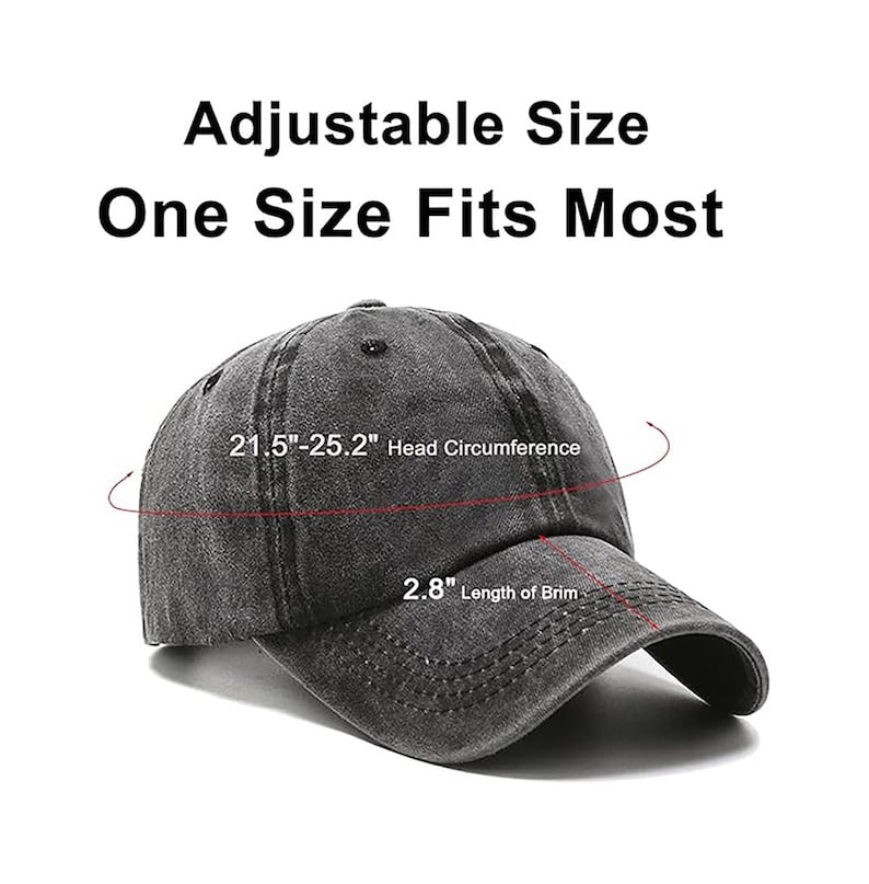 May include: A gray, adjustable baseball cap with the text "Adjustable Size One Size Fits Most". The cap has a 21.5"-25.2" head circumference and a 2.8" brim length.
