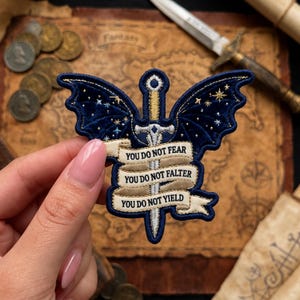 Fantasy Sword Embroidered Iron On Patch, You Do Not Fear Quote Badge, Celestial Bat Wing Applique, Gothic Jacket Patch, Bookish Gift