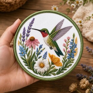 May include: A circular embroidered patch featuring a hummingbird with green, red, and purple plumage hovering over a garden of colorful flowers. The design includes lavender, pink coneflowers, white daisies, and yellow blossoms on white fabric.