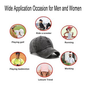 May include: A gray, distressed baseball cap is the central focus of this image. The text above reads "Wide Application Occasion for Men and Women." The image shows the cap in various activities, including playing golf, running, and riding a scooter.