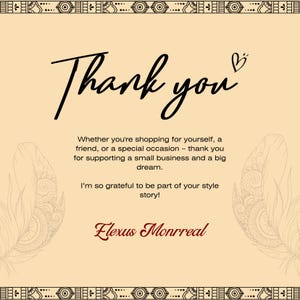 May include: A beige background with the words "Thank you" in a stylish black script, accompanied by a heart symbol. The text expresses gratitude for supporting a small business. The brand name "Flexus Monrreal" is in a burgundy script.